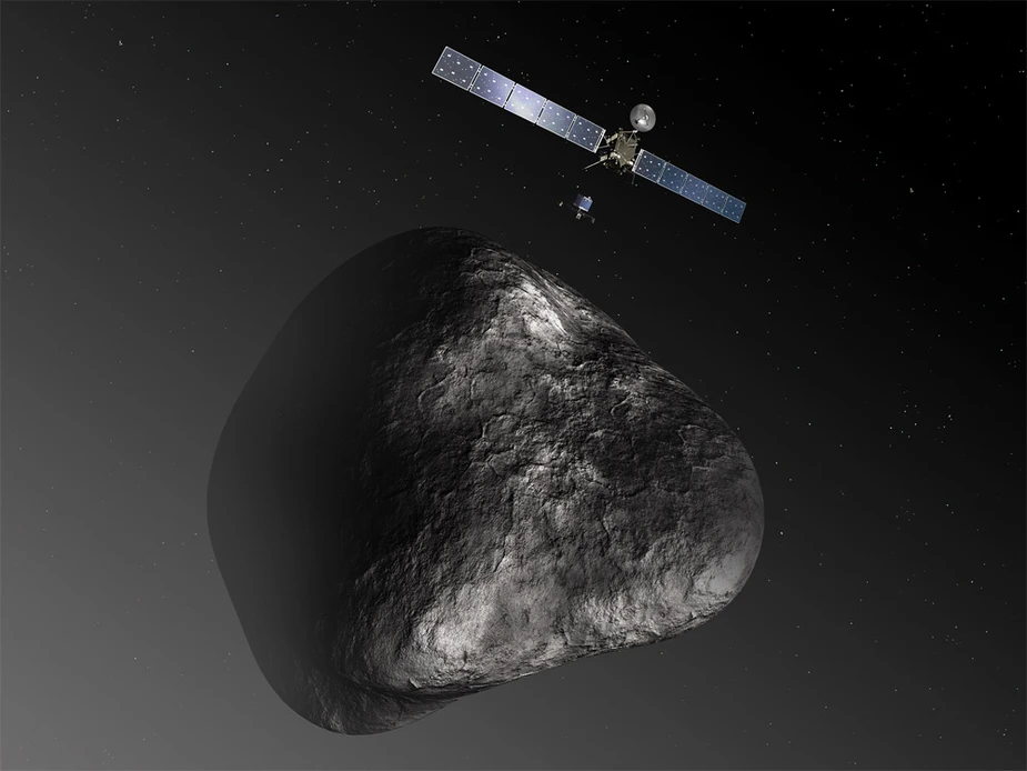 Künstlerische Darstellung der Rosetta-Sonde, die an ihrem Ziel, dem Kometen 67P/Churyumov–Gerasimenko, angekommen ist. Das Bild ist nicht maßstabsgerecht: Die Sonde hat einen Durchmesser von 32 Metern inklusive der Solarpanele, der Durchmesser des Kom. Quelle: ESA–C. Carreau/ATG medialab