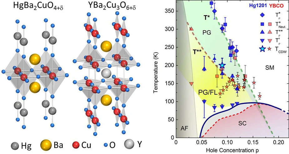 Left: Crystal structures of HgBa<sub>2</sub>CuO<sub>4</sub>+ and YBa<sub>2</sub>Cu<sub>3</sub>O<sub>6</sub>+. Right: The phase diagram demonstrates the complexity of the phases around the superconducting state SC in both cuprates.
