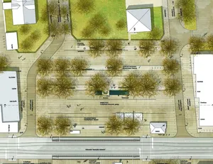 Entwurf Marktplatz Adlershof. Visualisierung:Bild: Rehwaldt Landschaftsarchitekten IVAS Ingenieurbüro für Verkehrsanlagen und -systeme