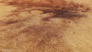 braune Mars-Oberfläche mit dunklen Spuren und Kreisen