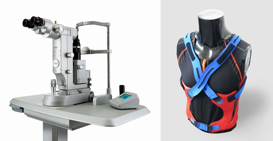 Left: Its short pulse lasers have launched Ellex to the world leadership in the treatment of glaucoma and (successive) cataracts. Right: The intelligent jacket ”CareJack“