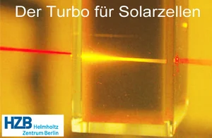 Red light from a laser pointer is converted into higher-energy yellow light as it passes through the liquid photochemical upconverter. Source: University of Sydney, Australia