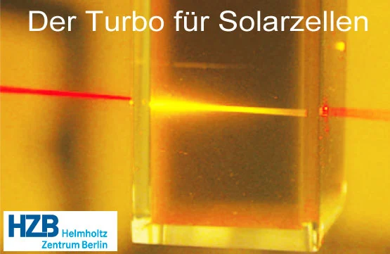 Red light from a laser pointer is converted into higher-energy yellow light as it passes through the liquid photochemical upconverter. Source: University of Sydney, Australia