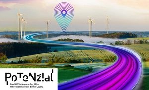 Landschaft mit Windrädern und einer stilisierten, geschwungenen Straße mit einem Standort-Piktogramm am Horizont