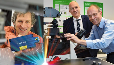 Nils Kirstaedter, Lumics GmbH, Uwe Ortmann und Rainer Erdmann, PicoQuant GmbH. Bild: © Adlershof Journal