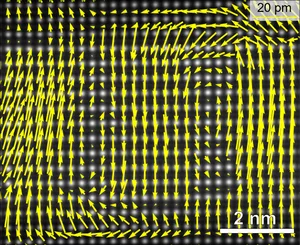 Scanning electron microscope image with yellow arrows indicating a pattern on a square structure