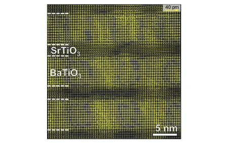 Aufnahme eines Schichtstapelaufbaus mit den Beschriftungen 'SrTiO₃' und 'BaTiO₃' sowie Maßstäben von 40 pm und 5 nm