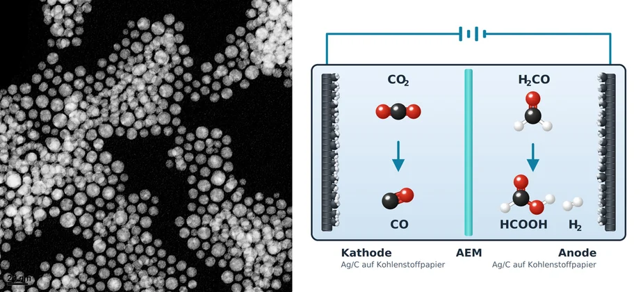 Left: white dots in clusters on a black background. Right: Schematic diagram of an electrochemical cell with a cathode and an anode and various molecules