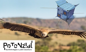 Fotomontage: fliegender Geier und Nanosatellit