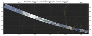 Schwarze Karte mit Umrissen von Afrika, darüber ein Streifen mit fotorealistischer Erdoberfläche