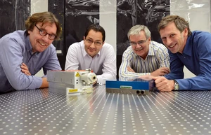 Das Adlershof-Laser-Quartett gehört zu den 13 Partnern im „BrightLas“-Projekt: Wolfgang Gries, Claus Heitmann, Goetz Erbert, Nils Kirstaedter (v. l. n. r.). Bild: © WISTA