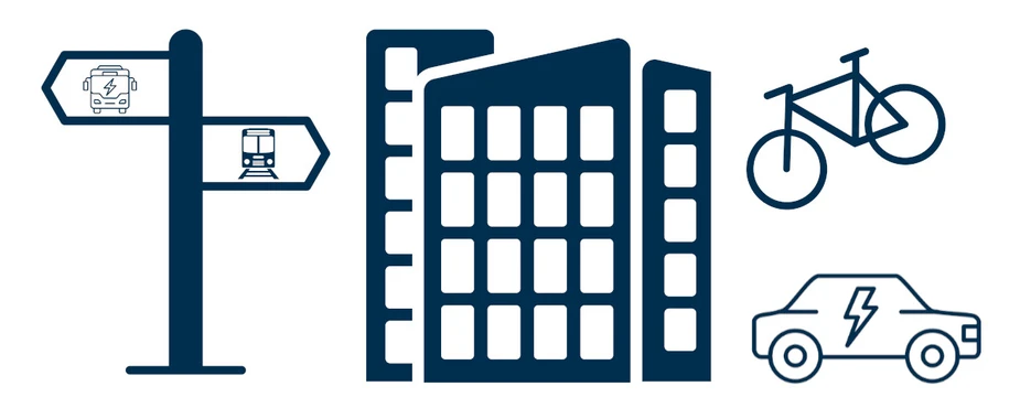 Project sketch: Apartment block, public transport signs, bicycle, e-car © RLI