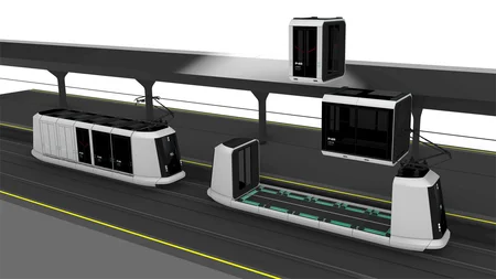 Grafik: Personenkabinen werden auf Straßenbahnen verladen