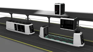 Grafik: Personenkabinen werden auf Straßenbahnen verladen