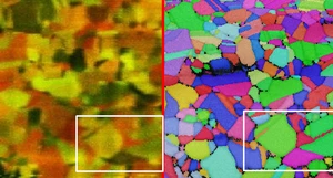Links: Wie sich die Kristallite in einer CuInSe<sub>2</sub>-Dünnschicht orientieren, lässt sich auch mit Raman-Mikrospektroskopie kartieren. Rechts: Der gleiche Ausschnitt dieser Probe mit EBSD kartiert. Bild: HZB