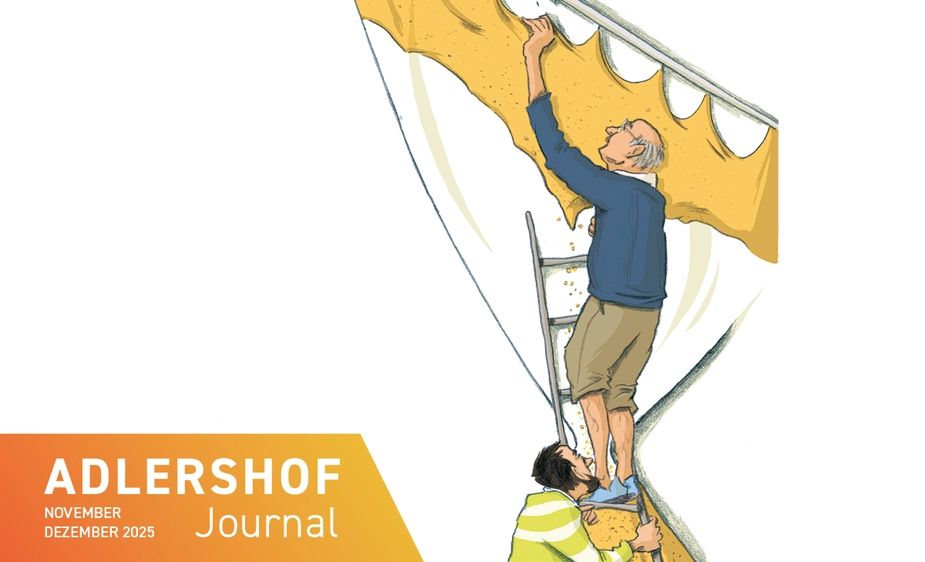 Illustration: Mann hilft älterem Mann beim Gardinenaufhängen