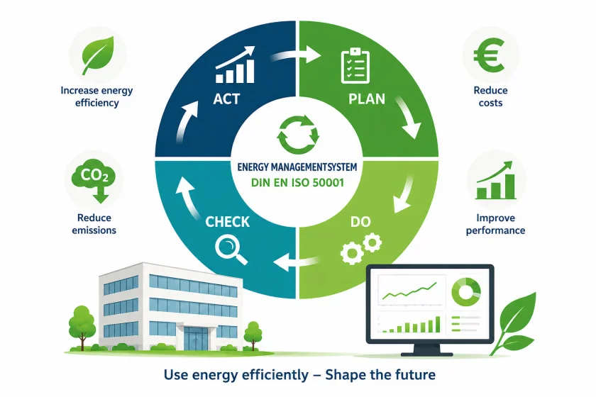 Infographic with four sections on the energy management system, featuring symbols for energy efficiency, costs, CO₂ emissions, performance, buildings and diagrams