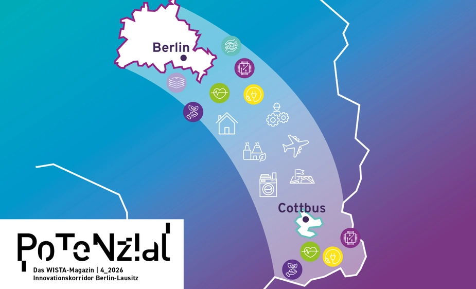Map of Berlin–Cottbus, with various symbols in between representing economic sectors, transport and housing