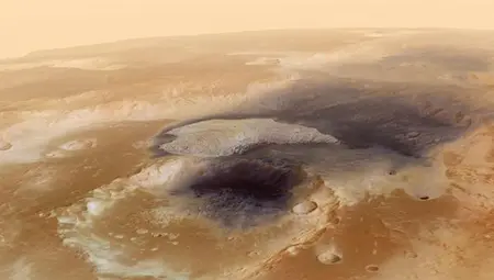Überflug über den Krater Becquerel auf dem Mars. Quelle: ESA/DLR/FU Berlin, CC BY-SA 3.0 IGO