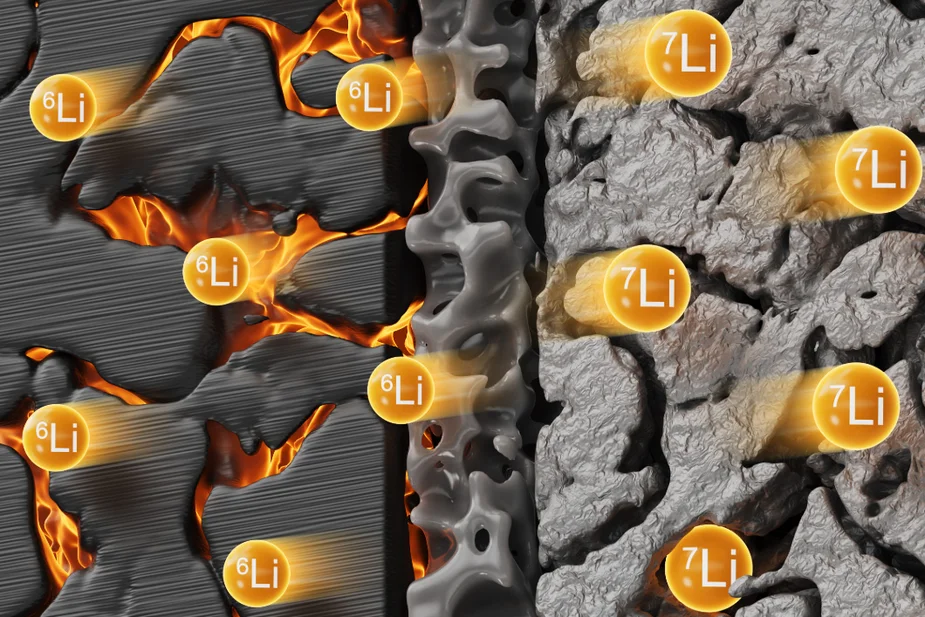 Depiction of lithium isotopes Li-6 and Li-7 in a porous structure