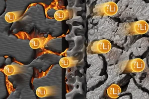 Depiction of lithium isotopes Li-6 and Li-7 in a porous structure