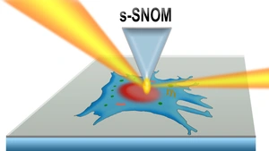 Depiction of a cell being examined with a microscope beam