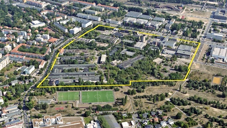 Luftbild mit eingezeichnetem Areal © WISTA.Plan / Helicolor-Luftbild Berlin