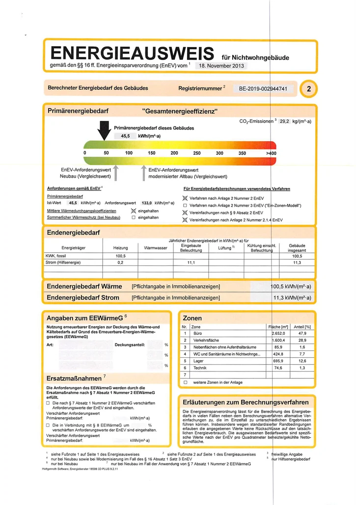 ENERGIEAUSWEIS für das ZIM 1 für Nichtwohngebäude gemäß den§§ 16 ff. Energieeinsparverordnung (EnEV) vom18. November 2013 (Blatt 1)