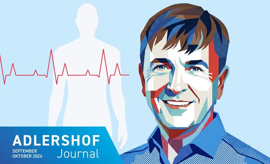 Stilisierte Porträtillustration eines lächelnden Mannes vor einem einfarbigen Hintergrund mit einem EKG-Linienmuster und Silhouette einer Person