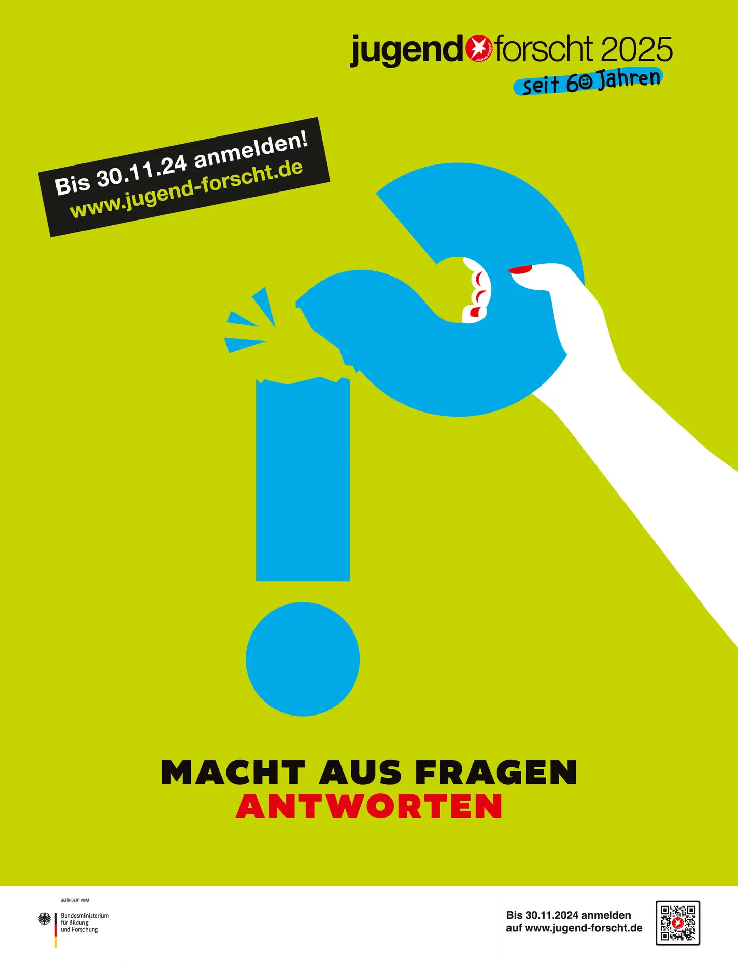 Plakat Jugend forscht 2025: Macht aus Fragen Antworten © Stiftung Jugend forscht e.V.