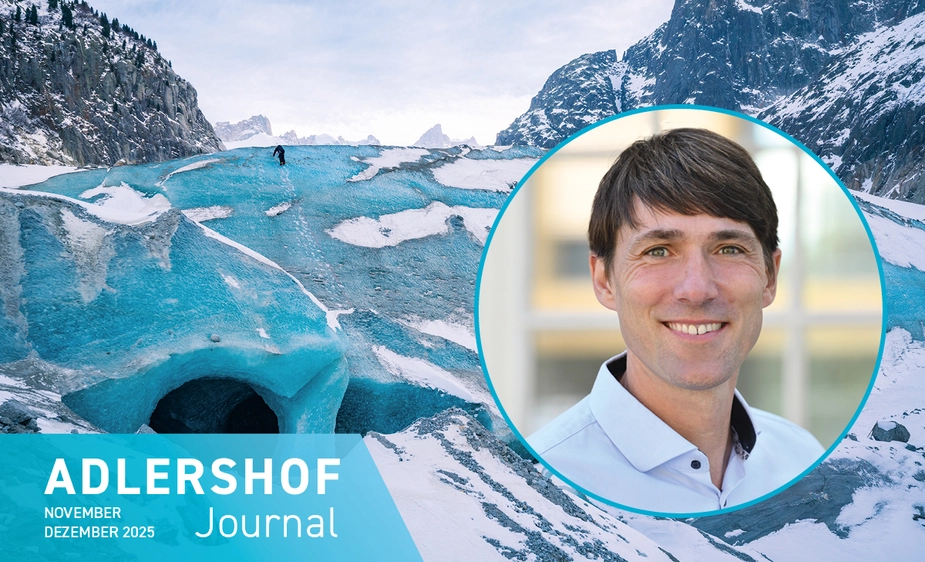 Fotomontage: Bergsteiger auf einem Gletscher/Porträtfoto Tobias Sauter