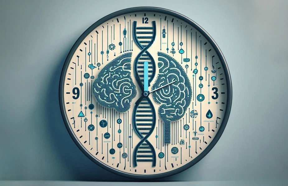 Wanduhr mit Gehirnillustration und DNA-Spirale, umgeben von wissenschaftlichen Symbolen.