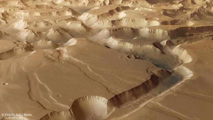Noctis Labyrinthus – tectonically shaped 'high mountains' © ESA/DLR/FU Berlin (CC BY-SA 3.0 IGO)