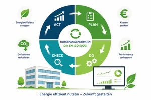 Infografik mit vier Segmenten zum Energiemanagementsystem und Symbolen für Energieeffizienz, Kosten, CO2-Emissionen, Performance, Gebäude und Diagramme