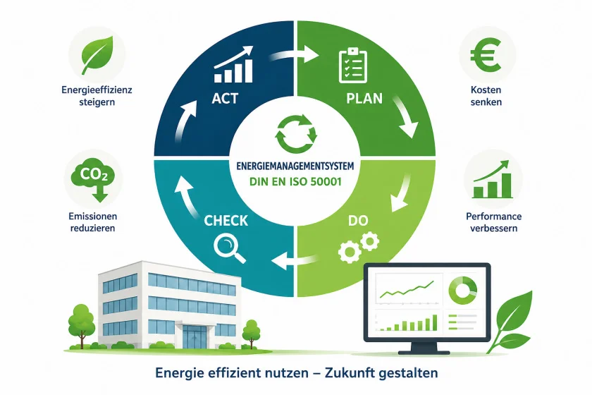 Infografik mit vier Segmenten zum Energiemanagementsystem und Symbolen für Energieeffizienz, Kosten, CO2-Emissionen, Performance, Gebäude und Diagramme