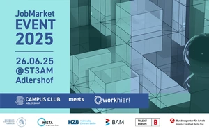 Flyer with organiser logos: HU Berlin, WISTA, HZB, BAM, Talent Berlin, Berlin Job Agency
