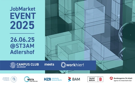 Flyer with organiser logos: HU Berlin, WISTA, HZB, BAM, Talent Berlin, Berlin Job Agency