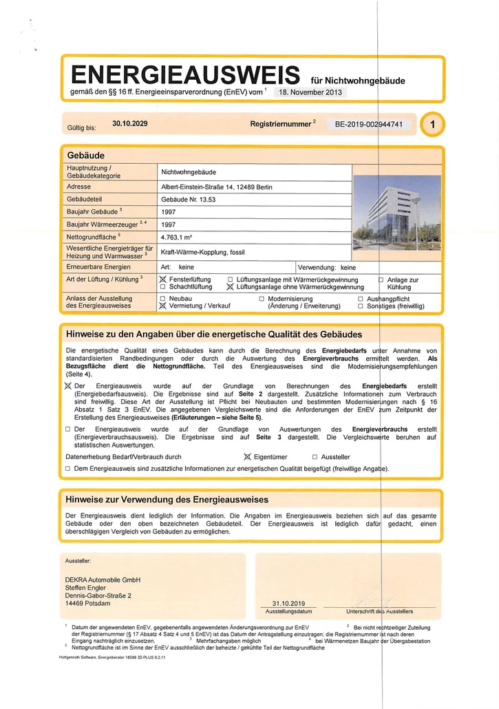 ENERGIEAUSWEIS für das ZIM 1 für Nichtwohngebäude gemäß den§§ 16 ff. Energieeinsparverordnung (EnEV) vom18. November 2013 (Blatt 2)