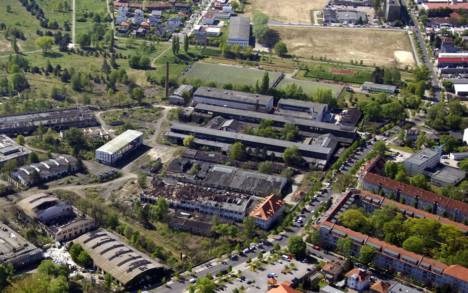 Still recognizable in part: the remains of the distinctive hangars