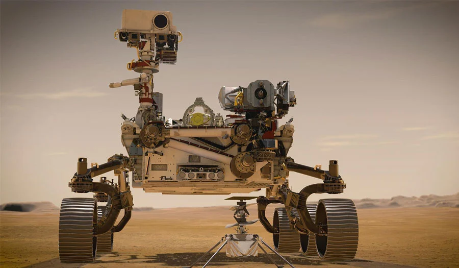 Mars-Ro­ver “Per­se­ver­an­ce” und Hub­schrau­ber­droh­ne “In­ge­nu­i­ty” Credit: NASA/JPL-Caltec 