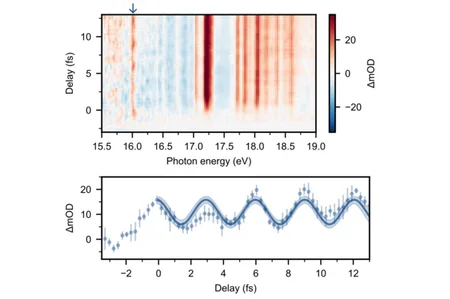 Graph showing a colour-coded spectrogram at the top and a line graph with a periodic curve at the bottom