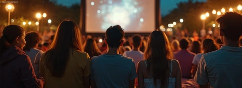 Open-Air-Kino, Menschen sitzen auf dem Rasen vor einer großen Leinwand.