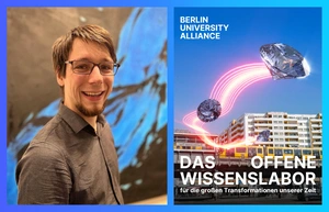Fotomontage: Porträt Marco Stucki und Poster mit Darstellung einer Stadt, über die Diamanten fliegen
