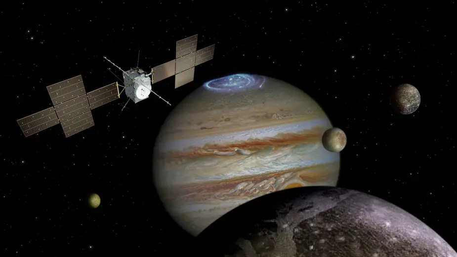 Visualisierung Jupitersonde im Weltall © ESA/ATG medialab (Sonde); NASA/JPL/DLR (Jupiter, Monde)