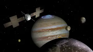 Jupiter spacecraft © ESA/ATG medialab (spacecraft); NASA/JPL/DLR (Jupiter, moons)