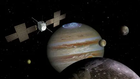 Visualisierung Jupitersonde im Weltall © ESA/ATG medialab (Sonde); NASA/JPL/DLR (Jupiter, Monde)