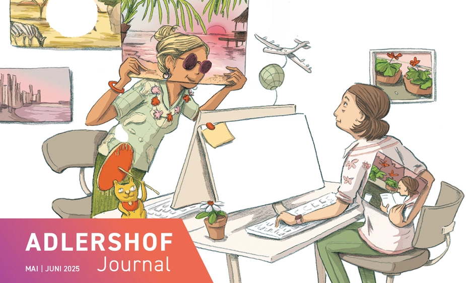 Illustration: Kolleginnen, die sich gegenseitig Urlaubsbilder zeigen