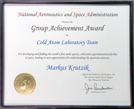 Urkunde: NASA Group Achievement Award für Markus Krutzik © FBH
