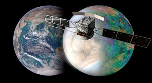 Darstellung von Erde und Venus, im Vordergrund die Raumsonde EnVision © NASA/JAXA/ISAS/DARTS/VR2planets/Damia Bouic